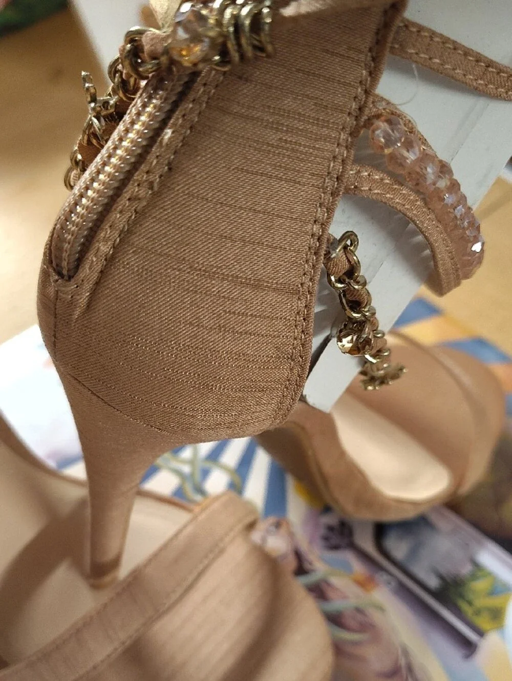 Anne Michelle Nude Heeled Sandals with Gold Chain & Crystal Trim